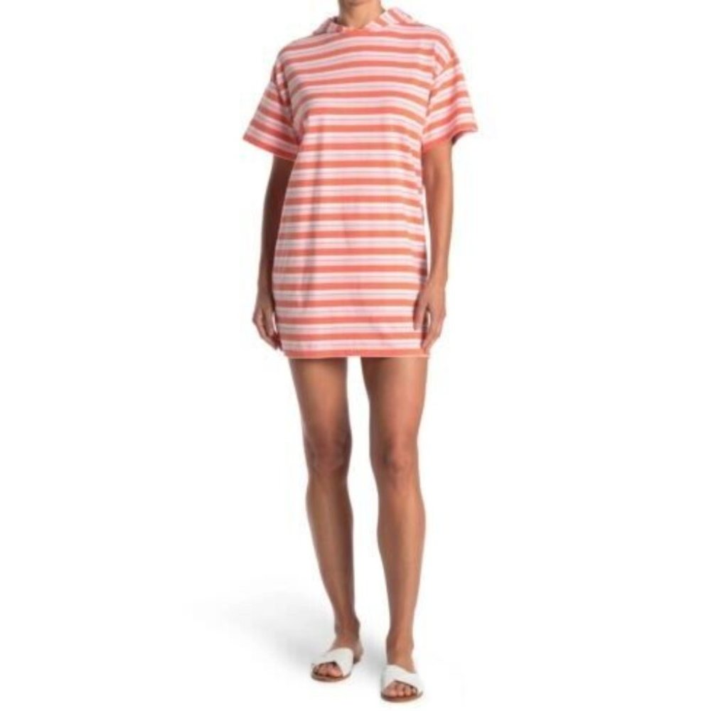 Abound Mia Hooded Swim Cover Up Striped Mini Dress Coral Pink Size XS